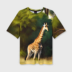 Женская футболка оверсайз Жираф на фоне деревьев