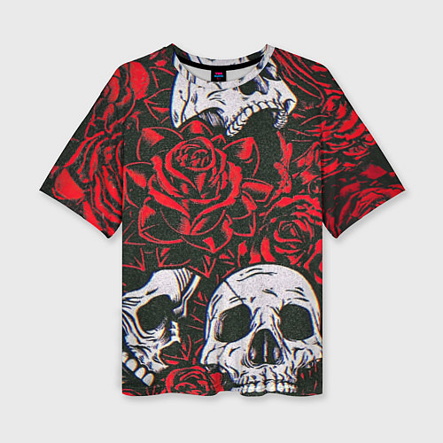 Женская футболка оверсайз Красные розы и черепа / 3D-принт – фото 1