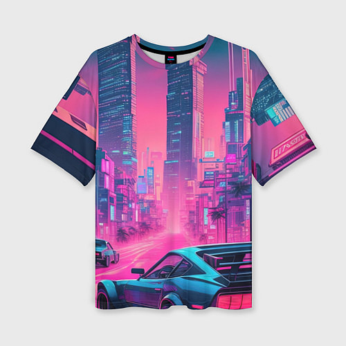 Женская футболка оверсайз Вечерний город в неоновых огнях / 3D-принт – фото 1