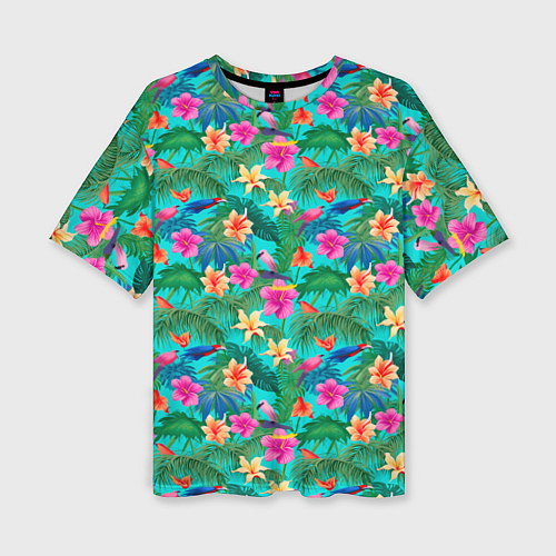 Женская футболка оверсайз Разные цветочки на зеленом фоне / 3D-принт – фото 1