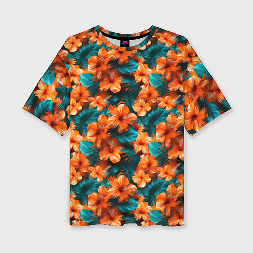 Женская футболка оверсайз Оранжевые цветы гавайские / 3D-принт – фото 1