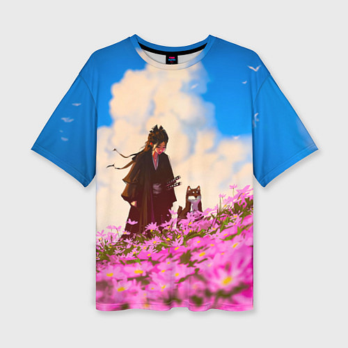 Женская футболка оверсайз Девушка самурай и сиба ину / 3D-принт – фото 1