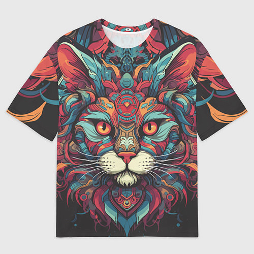 Женская футболка оверсайз Голова шикарного кота в узорах / 3D-принт – фото 1