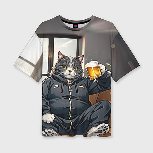 Женская футболка оверсайз Толстый кот со стаканом пива / 3D-принт – фото 1