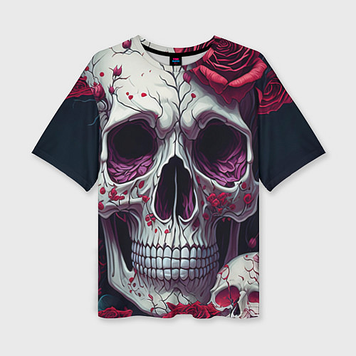 Женская футболка оверсайз Скелет и розы / 3D-принт – фото 1