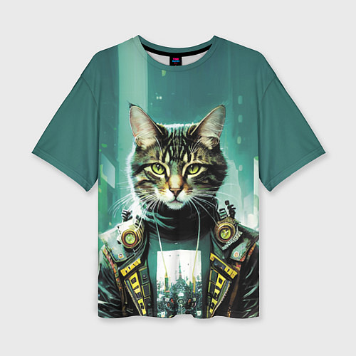 Женская футболка оверсайз Funny cat on the background of skyscrapers / 3D-принт – фото 1