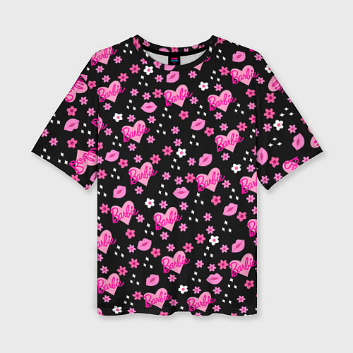 Женская футболка оверсайз Черный фон, барби и цветы / 3D-принт – фото 1