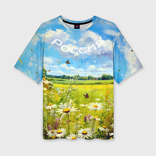 Женская футболка оверсайз Россия - летнее цветочное поле / 3D-принт – фото 1