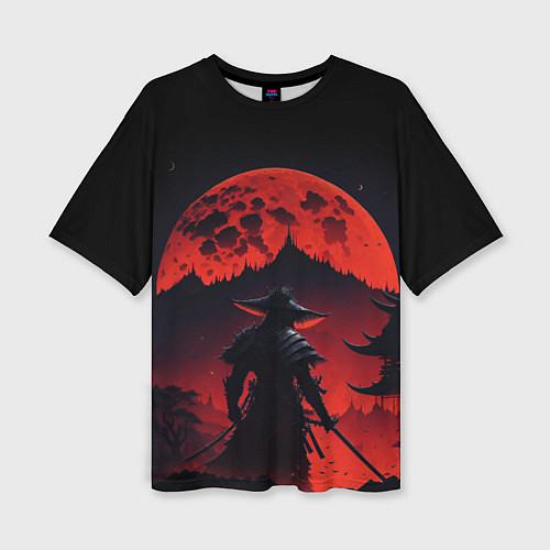 Женская футболка оверсайз Самурай, деревня и луна - мрачный / 3D-принт – фото 1