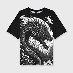 Женская футболка оверсайз Черно-белый дракон и волны
