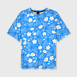 Женская футболка оверсайз Белые птицы голуби и цветы яблони на синем фоне не