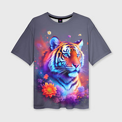 Женская футболка оверсайз Тигр и краски - нейросеть