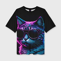 Женская футболка оверсайз Неоновый котик в очках