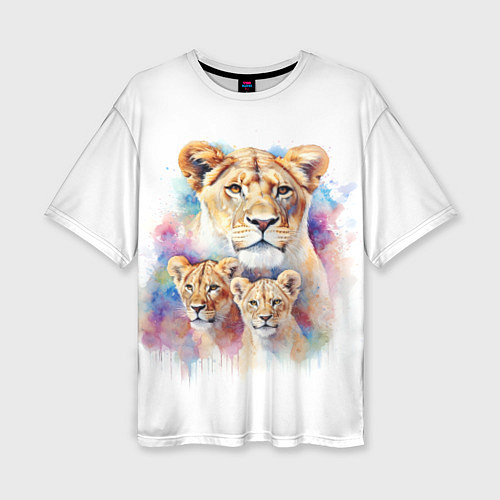 Женская футболка оверсайз Львица мама с двумя львятами / 3D-принт – фото 1