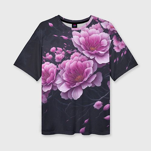 Женская футболка оверсайз Ветки цветущей розовой сакуры / 3D-принт – фото 1