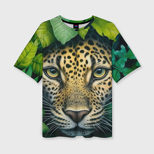 Женская футболка оверсайз Леопард в листьях / 3D-принт – фото 1