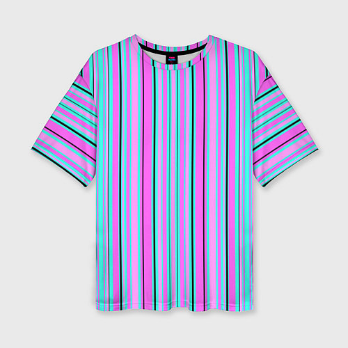 Женская футболка оверсайз Розово-голубой неновый полосатый узор / 3D-принт – фото 1