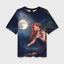 Женская футболка оверсайз Девушка играет на скрипке в ночном парке