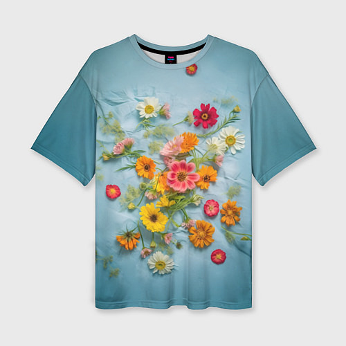 Женская футболка оверсайз Букет полевых цветов на ткани / 3D-принт – фото 1