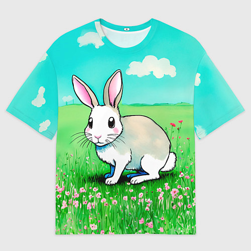 Женская футболка оверсайз Заяц на лугу рисунок / 3D-принт – фото 1