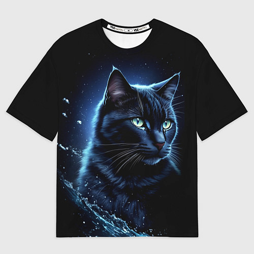 Женская футболка оверсайз Черный кот - брызги воды / 3D-принт – фото 1