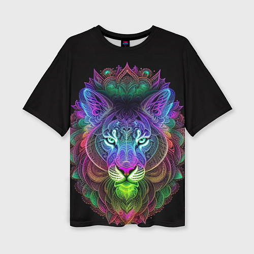 Женская футболка оверсайз Разноцветный неоновый лев / 3D-принт – фото 1