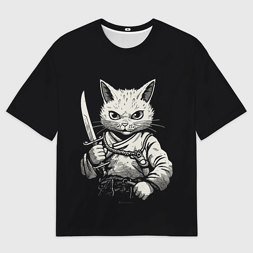 Женская футболка оверсайз Черно-белый кот самурай / 3D-принт – фото 1