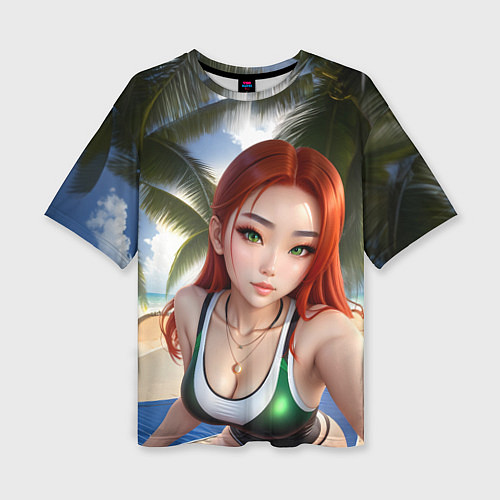 Женская футболка оверсайз Девушка с рыжими волосами на пляже / 3D-принт – фото 1