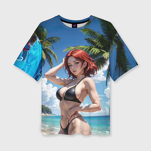 Женская футболка оверсайз Девушка с рыжими волосами на пляже / 3D-принт – фото 1