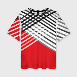 Футболка оверсайз женская Косые черно-белые полосы на красном, цвет: 3D-принт