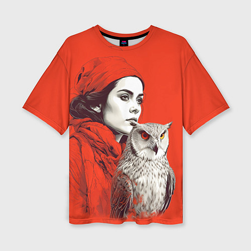 Женская футболка оверсайз Леди в красном с совой / 3D-принт – фото 1