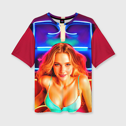 Женская футболка оверсайз Девушка на фоне неонового логотипа / 3D-принт – фото 1