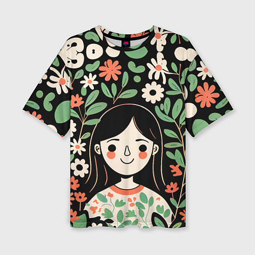 Женская футболка оверсайз Девочка в цветах - Бохо / 3D-принт – фото 1