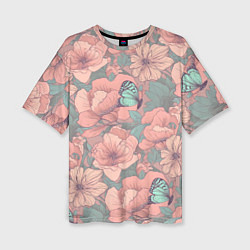 Женская футболка оверсайз Паттерн с бабочками и цветами
