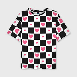Женская футболка оверсайз Розовые сердечки на фоне шахматной черно-белой дос