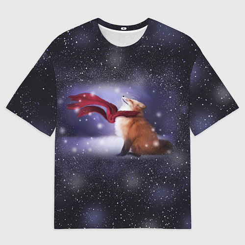 Женская футболка оверсайз Лиса в красном шарфике под снегом / 3D-принт – фото 1