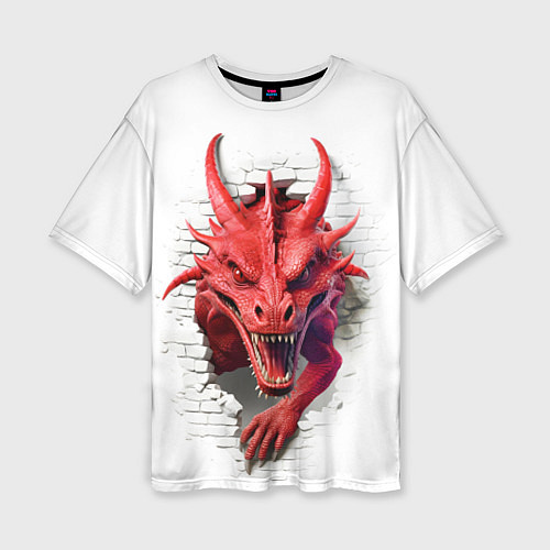 Женская футболка оверсайз Красный дракон выглядывает из стены / 3D-принт – фото 1