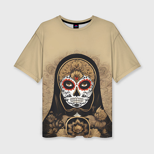 Женская футболка оверсайз Матрешка сахарный череп на Хэллоуин / 3D-принт – фото 1