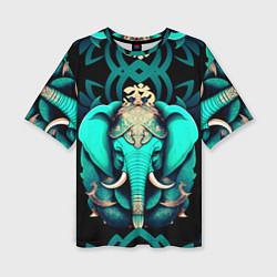 Женская футболка оверсайз Бирюзовый слон с узорами и лотосом
