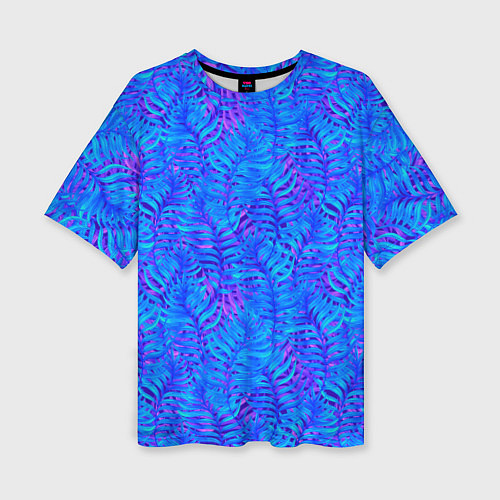 Женская футболка оверсайз Синие неоновые листья / 3D-принт – фото 1