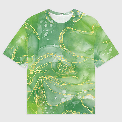 Женская футболка оверсайз Абстрактный зеленый мрамор с золотым / 3D-принт – фото 1