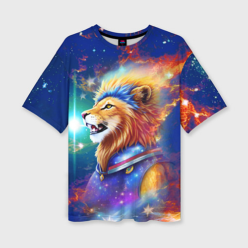 Женская футболка оверсайз Космический лев - неоновое свечение / 3D-принт – фото 1