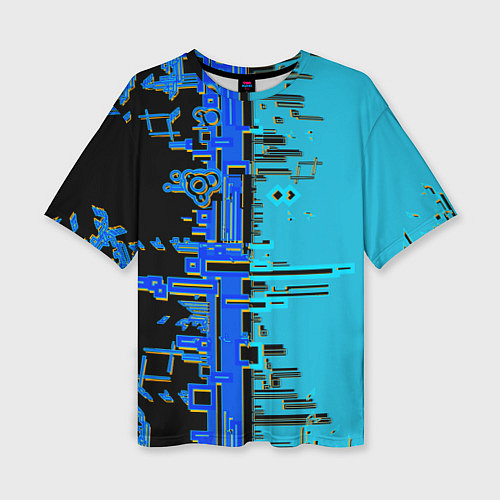 Женская футболка оверсайз Кибер-глитч синий / 3D-принт – фото 1