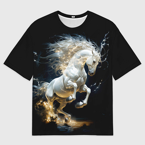 Женская футболка оверсайз Конь Белая молния / 3D-принт – фото 1
