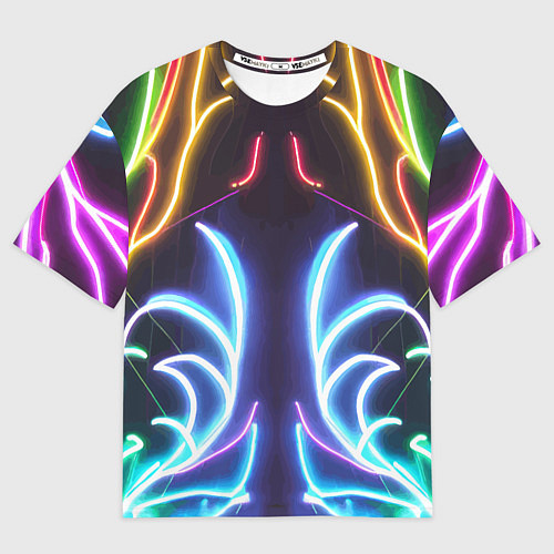 Женская футболка оверсайз Зеркальный неоновый паттерн - нейросеть / 3D-принт – фото 1