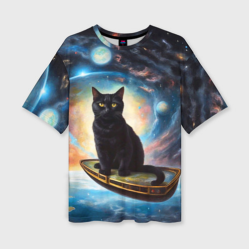 Женская футболка оверсайз Черный кот на космическом корабле летящий в космос / 3D-принт – фото 1