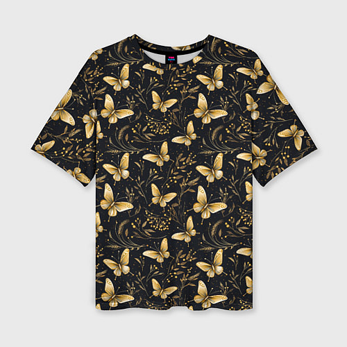 Женская футболка оверсайз Золотые бабочки на черном фоне / 3D-принт – фото 1