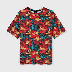 Женская футболка оверсайз Красные цветы с синими листьями узор