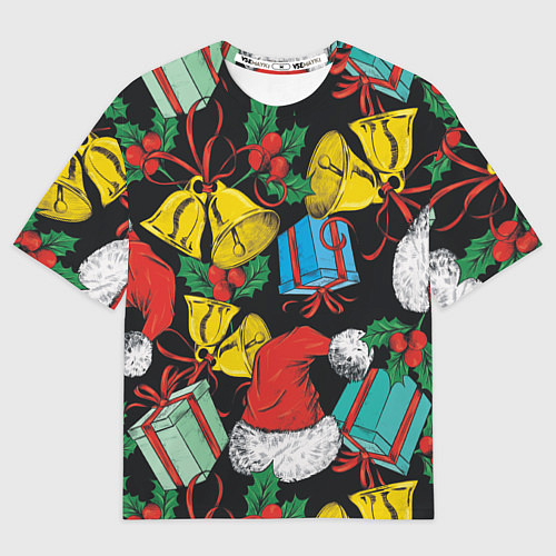 Женская футболка оверсайз Узор с рождественскими колокольчиками / 3D-принт – фото 1