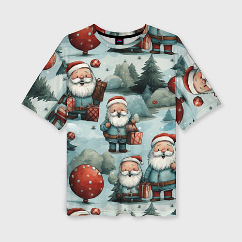 Женская футболка оверсайз Рождественский узор с Санта Клаусами / 3D-принт – фото 1